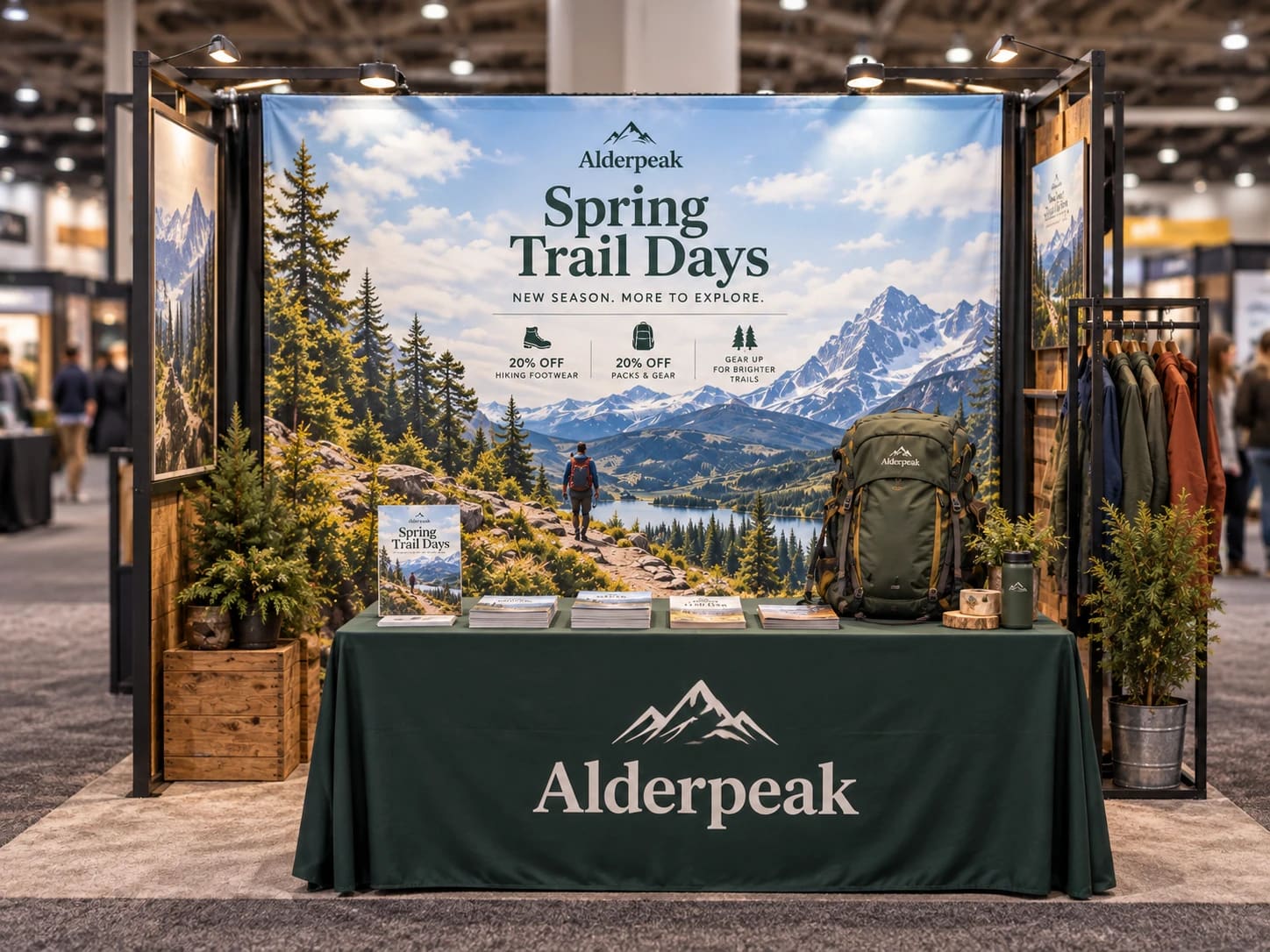 An Alderpeak trade show booth with the Spring Trail Days backdrop.