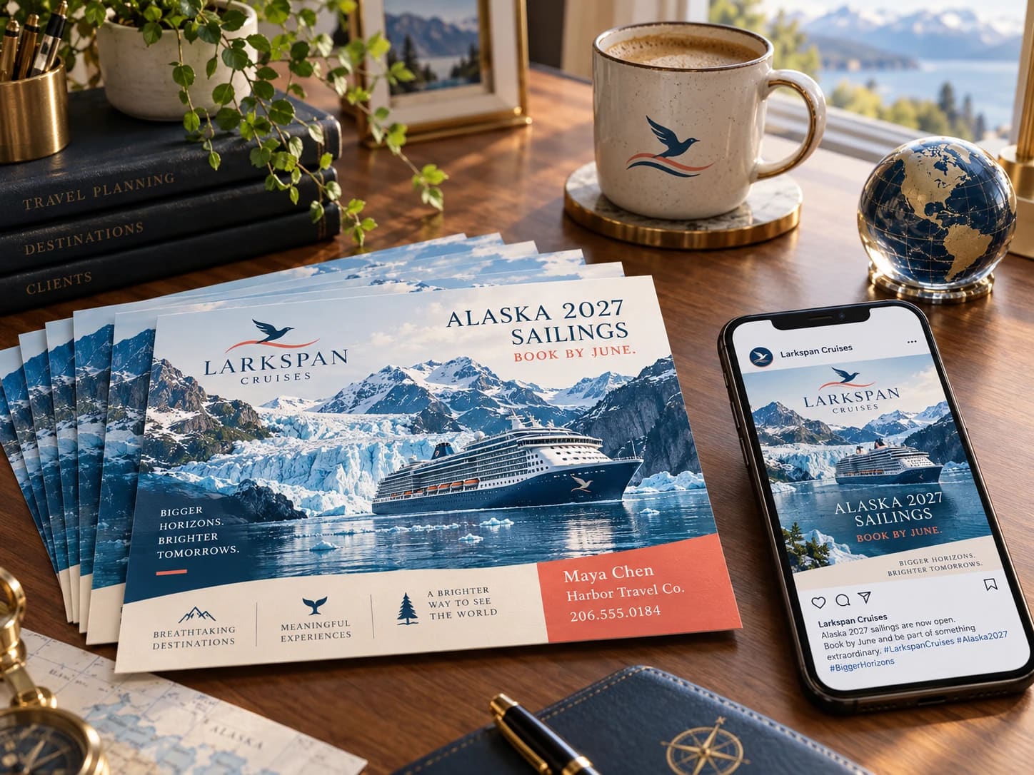 Larkspan Cruises Alaska postcards personalized for a travel agent, beside the same campaign as a social post on a phone.