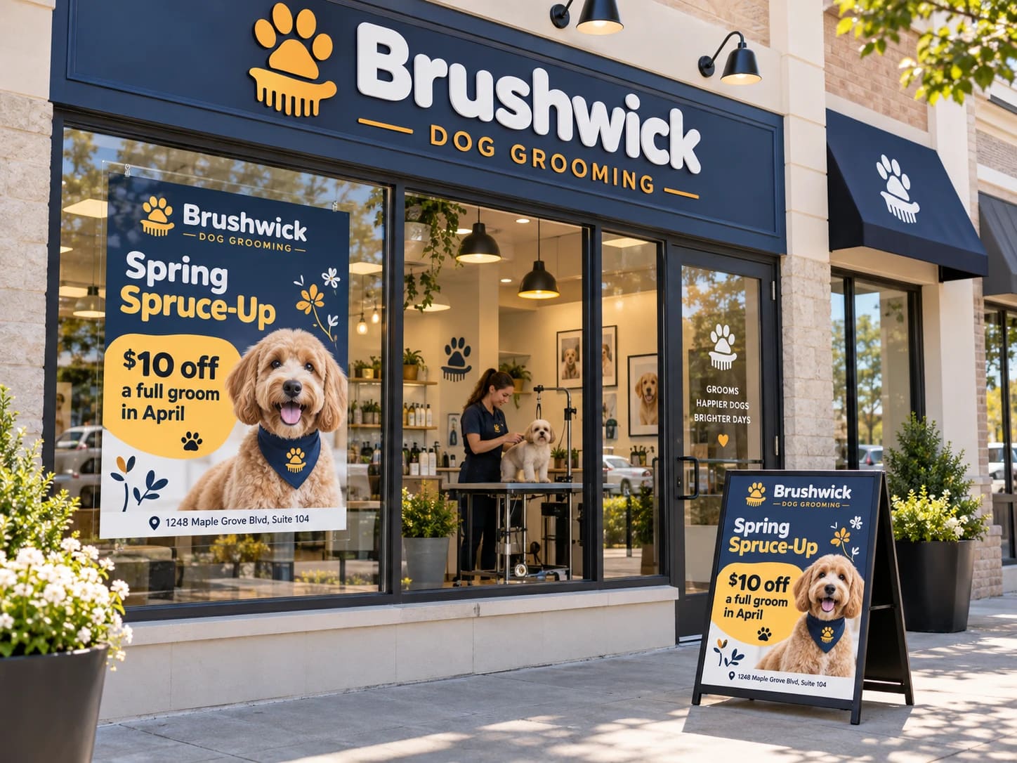 A Brushwick Dog Grooming location with its Spring Spruce-Up poster in the window and on the sidewalk sign.