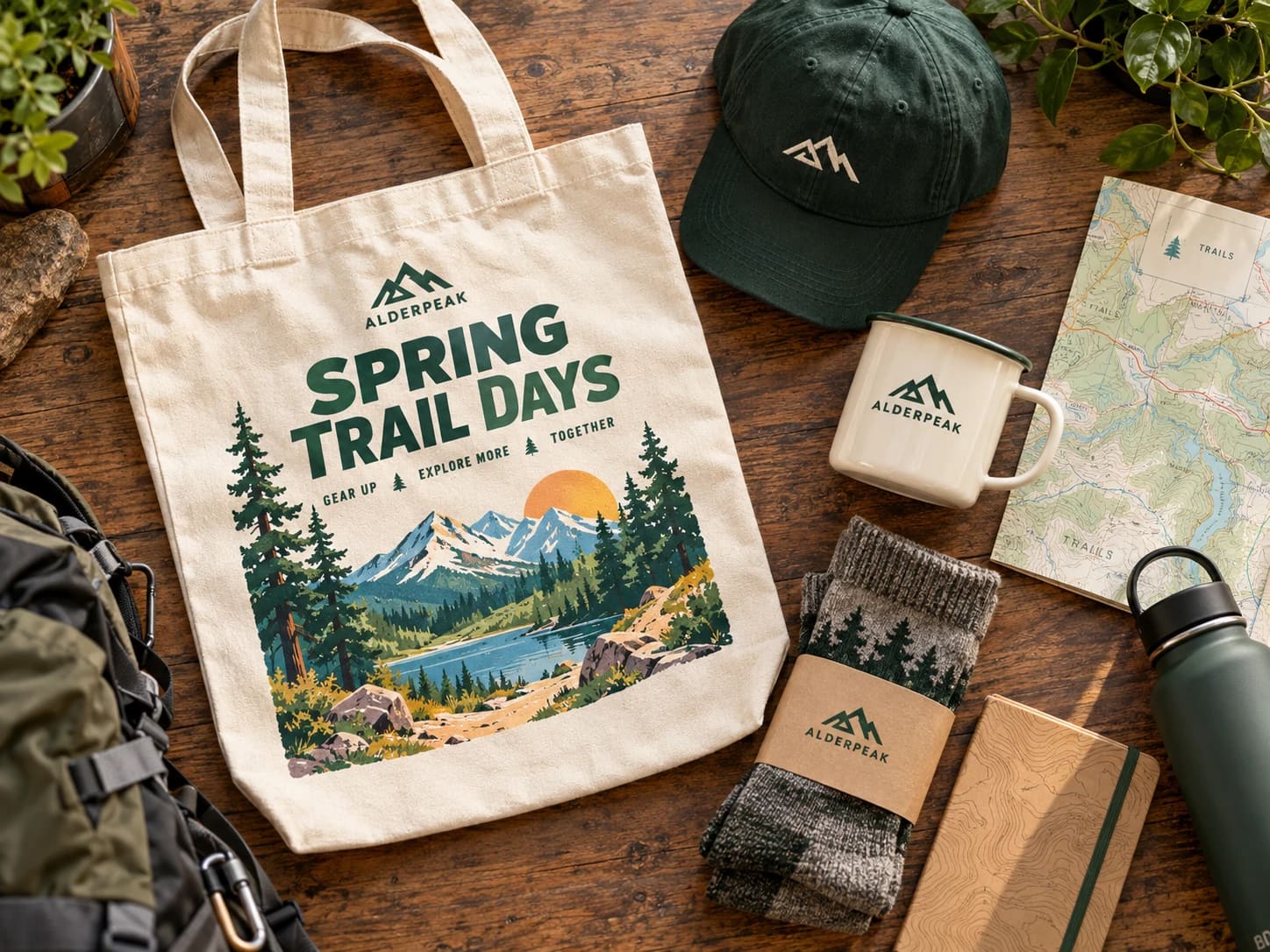 A Spring Trail Days tote, an Alderpeak cap, mug and socks laid out on a table.