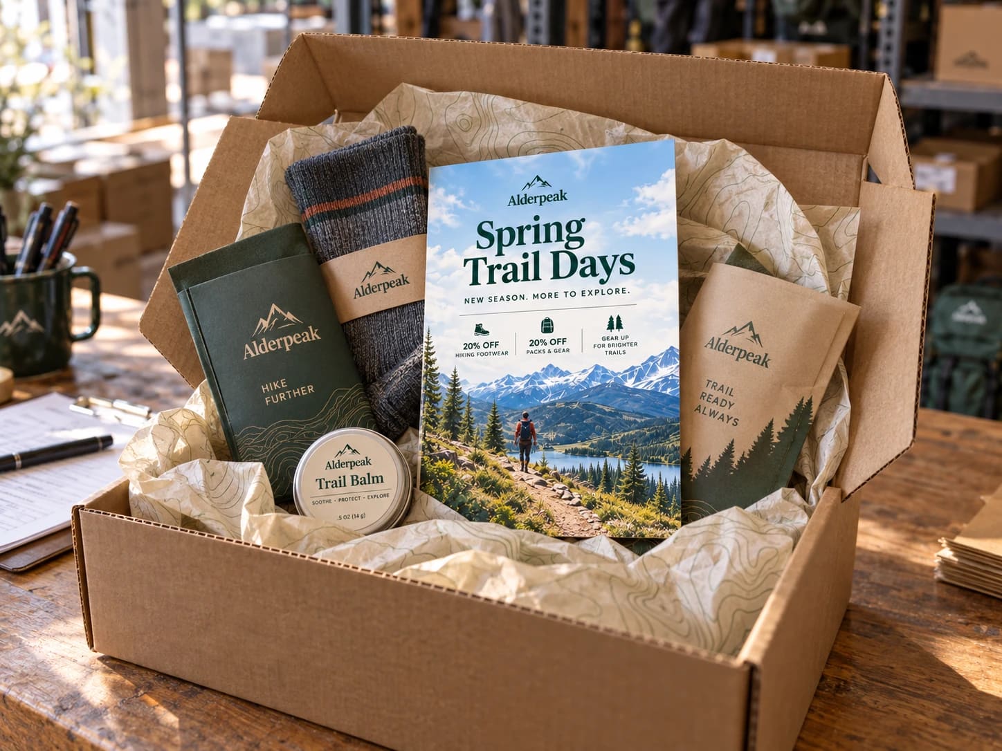 A shipped Spring Trail Days kit: the poster, socks, trail balm and branded pouches packed in one box.