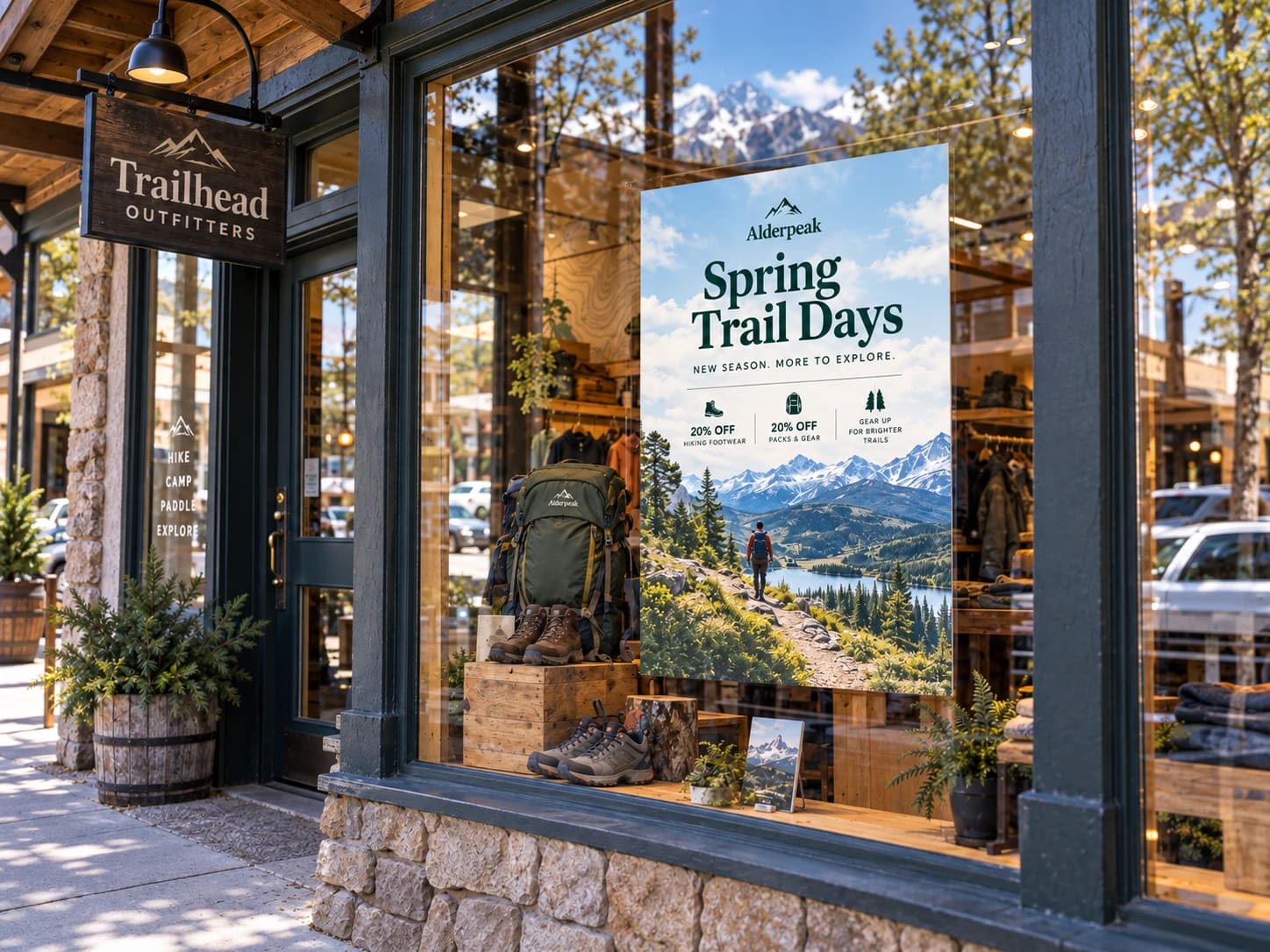 The Spring Trail Days poster in an Alderpeak dealer’s shop window.