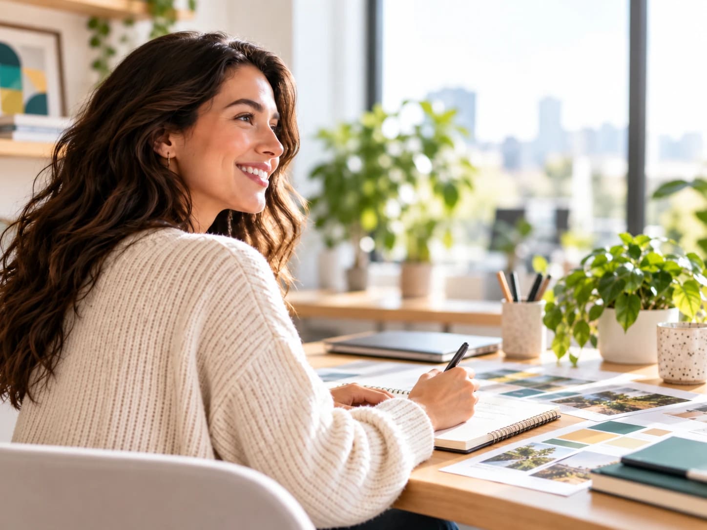 A marketer at her desk, planning a campaign over printed layouts.