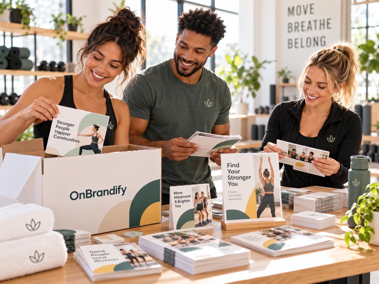 A fitness studio team unpacking a box of co-branded flyers, cards and posters.