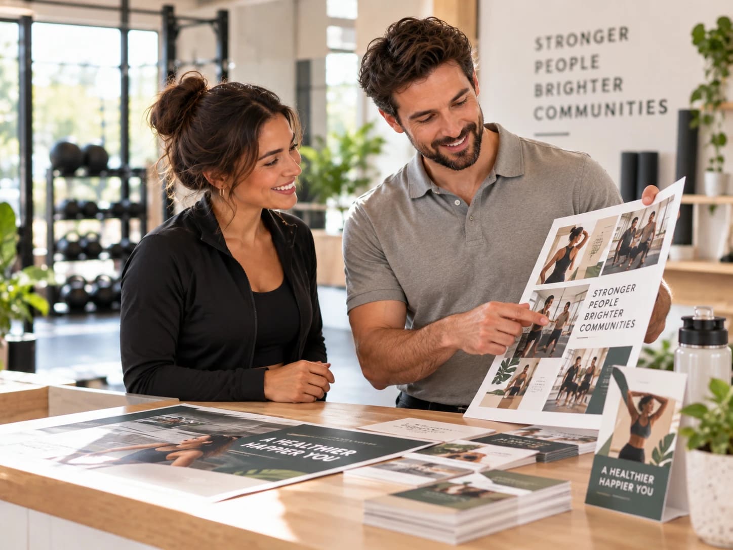 Two people at a fitness studio counter going over a co-branded poster and flyers.