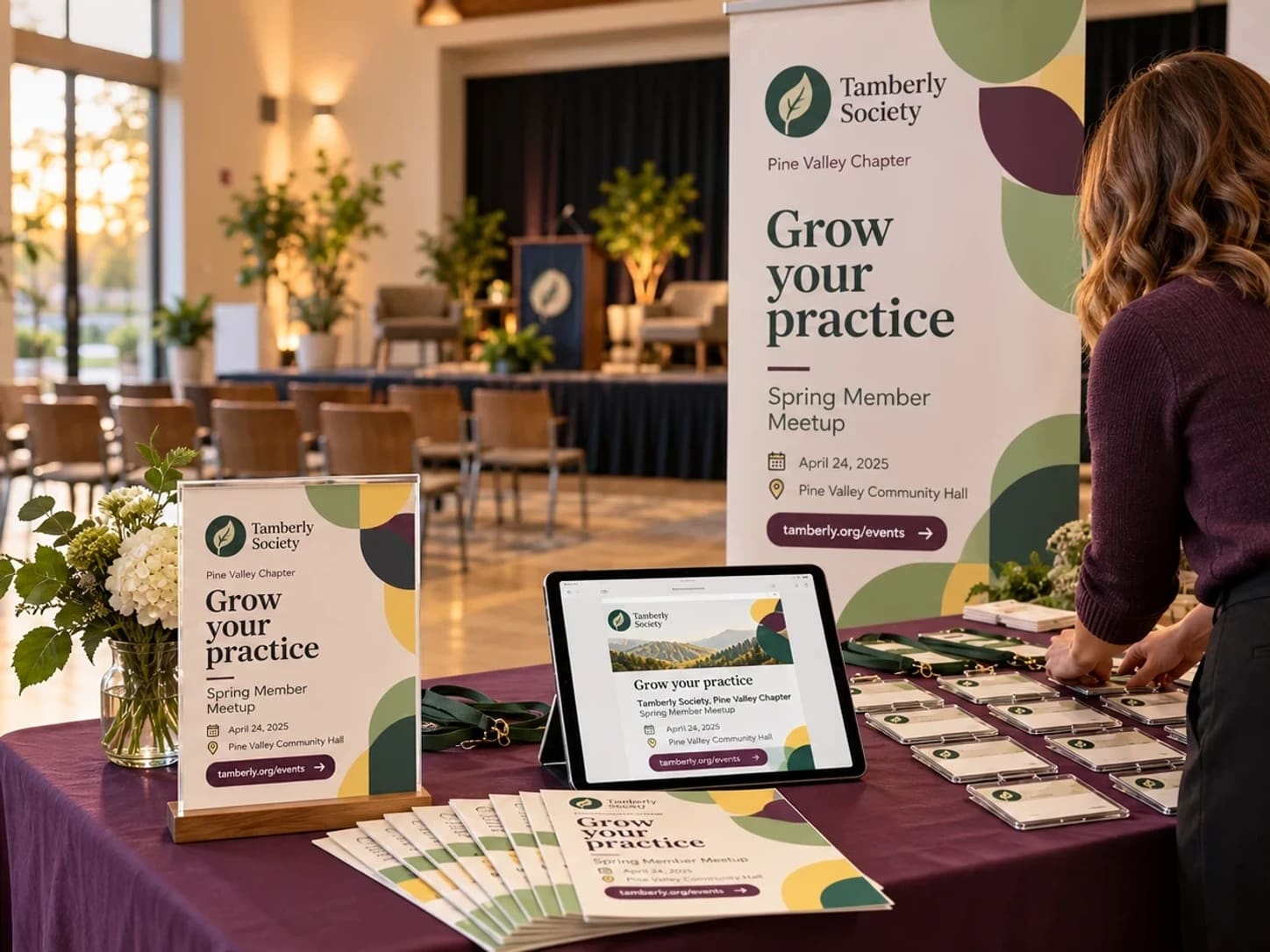 A chapter meetup's registration table set with Tamberly Society co-branded flyers, a table sign, an email on a tablet and name badges, a pull-up banner behind.