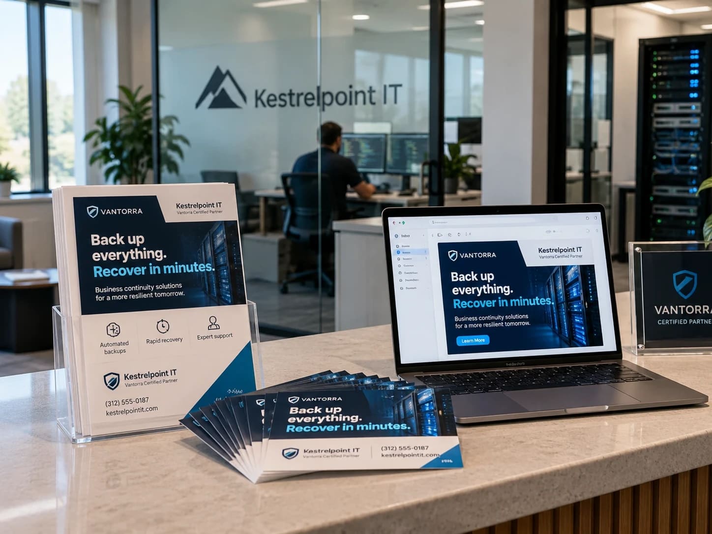 A managed IT provider's reception counter with Vantorra co-branded brochures and postcards, the same campaign as an email on a laptop, and a certified partner plaque.